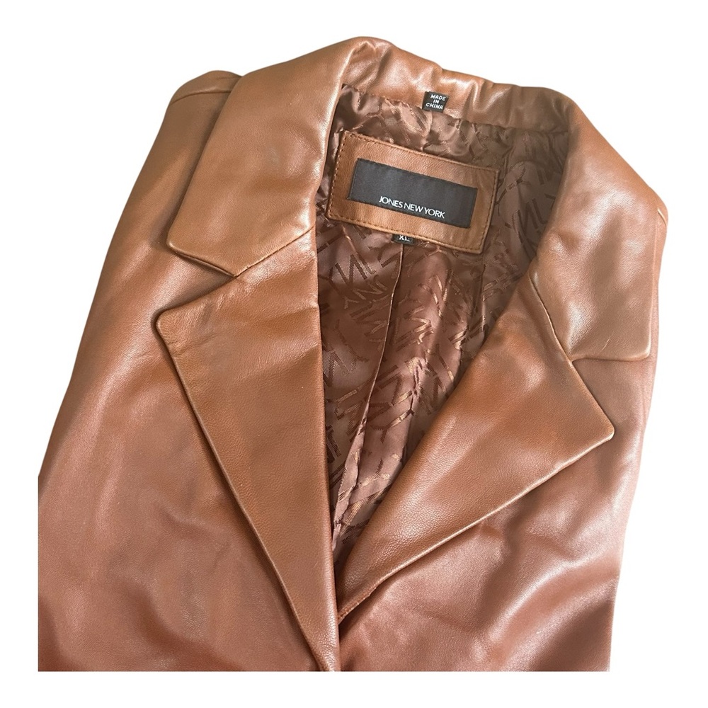 Jones New York Women’s XL Genuine Leather Blazer Cognac Brown Button Jacket